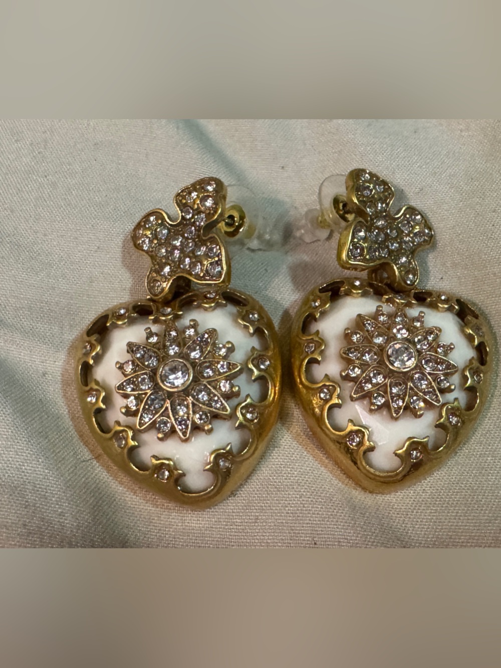 Gold and White Victorian heart Earrings
